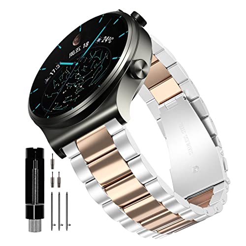 YABZOZ Armband Kompatibel mit Huawei Watch GT 2 Pro, Edelstahl Metall Ersatzarmband für Huawei Watch GT 2 46mm/GT 3 46mm/GT 3 Pro 46mm Armband (Silber/Roségold) von YABZOZ