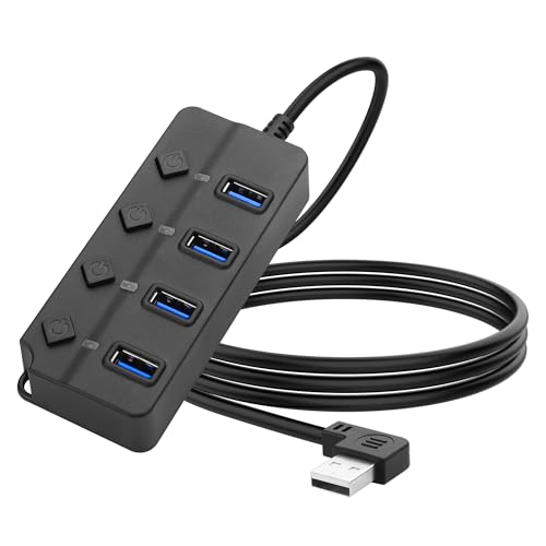 90 Grad USB Hub Splitter YACSEJAO USB 2,0 Data Hub mit individueller LED Taste EIN/Aus Schalter DC 5,5 * 2,1 Power Port für Laptop, PC Computer (4 Häfen, 1M) von YACSEJAO