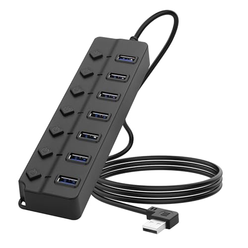 90 Grad USB Hub Splitter YACSEJAO USB 2,0 Data Hub mit individueller LED Taste EIN/Aus Schalter DC 5,5 * 2,1 Power Port für Laptop, PC Computer (7 Häfen, 1M) von YACSEJAO