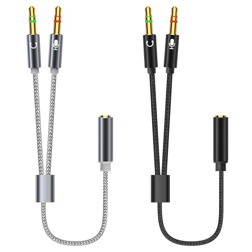 YACSEJAO 3,5mm Splitter Mikrofon und Audio 2Pack Mikrofon und Kopfhörer TRRS Splitter 1/8 Zoll weiblich auf 2 Dual 3,5mm männlich PC Headset geflochtenes Adapterkabel（Grau + Schwarz） von YACSEJAO