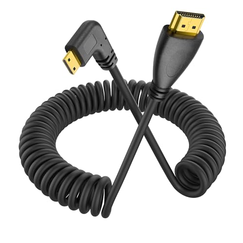 YACSEJAO 90 Grad Mini HDMI Spiralkabel Mini HDMI Stecker auf HDMI Stecker Stretch Spiralkabel für Kameras, DSLRs, Camcorder, tragbare Bildschirme und Monitore (Rechter Winkel) von YACSEJAO
