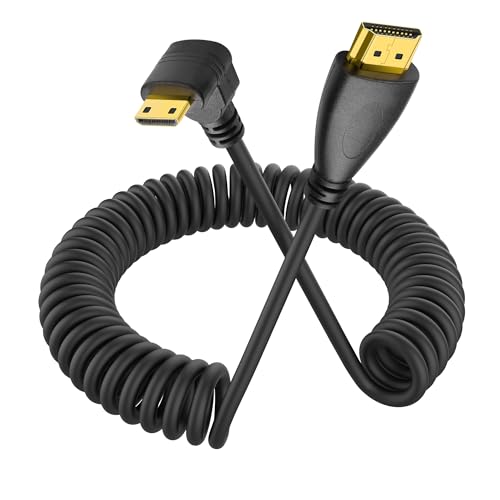 YACSEJAO 90 Grad Mini HDMI Spiralkabel Mini HDMI Stecker auf HDMI Stecker Stretch Spiralkabel für Kameras, DSLRs, Camcorder, tragbare Bildschirme und Monitore (Winkel oben) von YACSEJAO