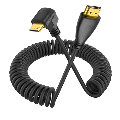 YACSEJAO 90 Grad Mini HDMI Spiralkabel Mini HDMI Stecker auf HDMI Stecker Stretch Spiralkabel für Kameras, DSLRs, Camcorder, tragbare Bildschirme und Monitore (Winkel unten) von YACSEJAO