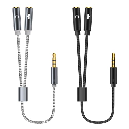 YACSEJAO Kopfhörer und Mikrofon Splitter 2Pack 3,5 mm Y Splitter 1/8 Zoll 1 Stecker auf 2 Buchsen Kopfhörer Mikrofon Audio geflochtenes Adapterkabel（Grau + Schwarz） von YACSEJAO