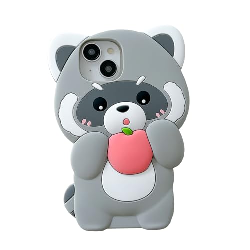 YAKVOOK Bär-Schutzhülle für iPhone 15 Pro Max, Kawaii-Handyhüllen, 3D-Silikon, Cartoon-Waschbär, lustig, niedlich, weiches Gummi, stoßfeste Schutzhülle für Damen und Mädchen für iPhone 15 Pro Max von YAKVOOK