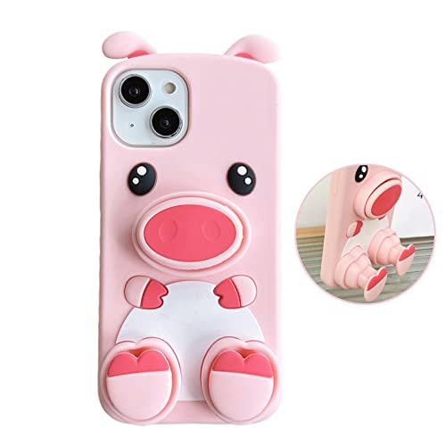 YAKVOOK Für iPhone 14 Pro Hülle, Kawaii Pink Pig Handyhüllen 3D Silikon Cartoon Hülle mit Ständer Fun Apply to iPhone 14 Pro Cute Case Soft Rubber Stoßfeste Schutzhülle für Frauen Mädchen von YAKVOOK
