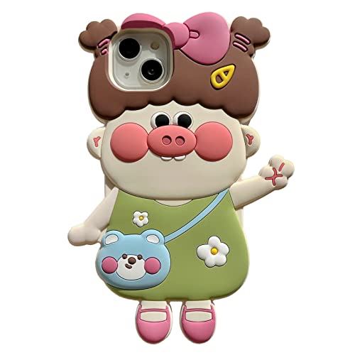 YAKVOOK Kawaii Schutzhülle für iPhone 14 Pro Max, süßes Cartoon-Schweinemädchen, 3D, weiches Silikon, stoßfest, Rosa von YAKVOOK
