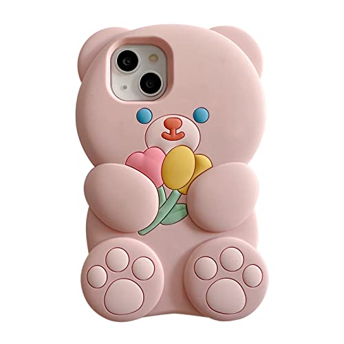 YAKVOOK Kawaii-Handyhüllen für iPhone 14 Pro Max, niedliches Cartoon-Matcha-Grüne gepunktete Schleife, einzigartige lustige Abdeckung, 3D-Max-weiches Silikon, Blume, Bärenblüte, rosa von YAKVOOK