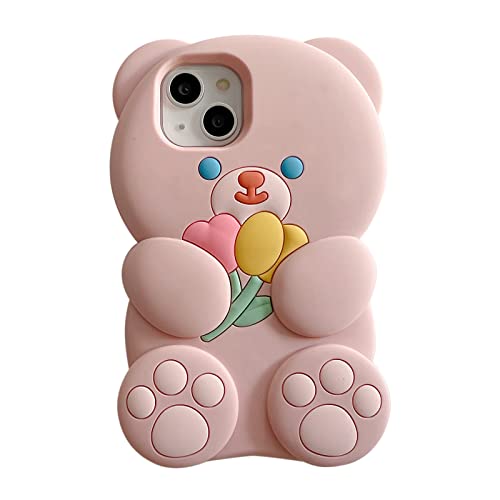 YAKVOOK Kawaii Phone Cases Apply to iPhone 11, Cute Cartoon Bear Phone Case with Flower Teddy Bear Pink Phone Case 3D iPhone 11 Case Soft Silicone Shockproof Cover for Women Girls von YAKVOOK