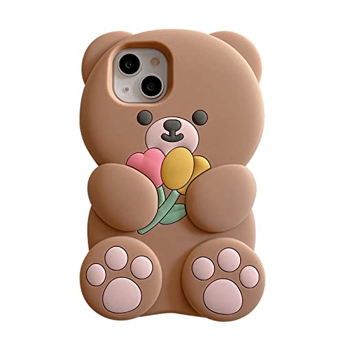 YAKVOOK Kawaii Phone Cases Apply to iPhone 14 Pro Max, Cute Cartoon Bear Phone Case with Flower Teddy Bear Brown Phone Case 3D iPhone 14 Pro Max Case Soft Silicone Shockproof Cover for Women Girls von YAKVOOK