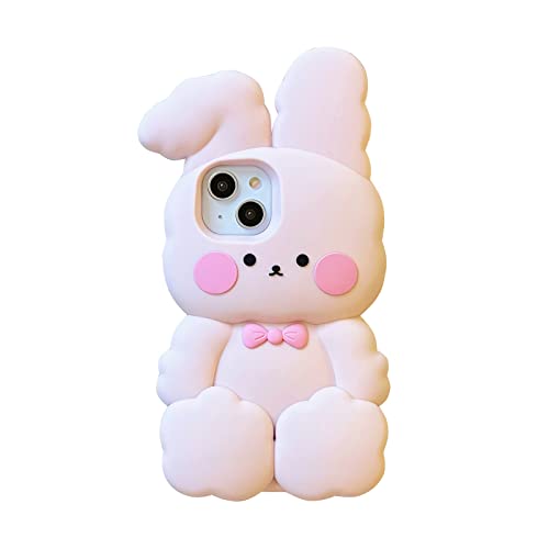 YAKVOOK Kawaii Schutzhülle für iPhone 15, Hase, 3D-Silikon, Cartoon, Baumwolle, Hase, lustig, für iPhone 15, niedliche Hülle, weiches Gummi, stoßfest, Schutzhülle für Frauen und Mädchen von YAKVOOK