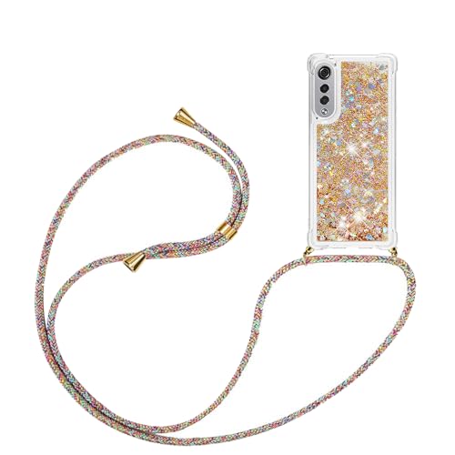 YAMCCCSE Handykette Hülle für LG Velvet 5G/4G - Quicksand Glitzer Hülle mit Band - Silikon Handyhülle mit Kordel Umhängenband - Schnur mit Treibsand Case zum Umhängen,Golden von YAMCCCSE