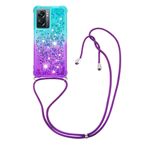 YAMCCCSE Handykette Hülle für Oppo A57 4G / Oppo A57S 4G / Oppo A77 5G, Smartphone Necklace Glitzer Transparent Silikonhülle mit Band - Handyhülle Case mit Stylische Kette zum umhängen, Blau und Lila von YAMCCCSE