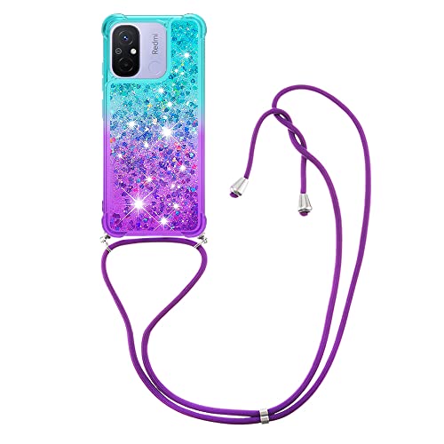 YAMCCCSE Handykette Hülle für Xiaomi Redmi 12C, Smartphone Necklace Glitzer Transparent Silikonhülle mit Band - Handyhülle Case mit Stylische Kette zum umhängen, Blau und Lila von YAMCCCSE