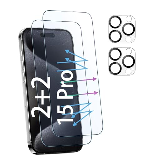 YANESOO Y02 2+2 Stück Schutzfolie für Panzerglas iPhone 15 Pro [6.1 Inch] mit 2 Stück Glas Schutzfolie + 2 Stück Glas Kamera Schutzfolie [9H Härte][HD Klare][Anti-Kratzen][Anti-Öl] von YANESOO
