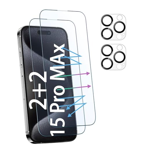 YANESOO Y02 2+2 Stück Schutzfolie für Panzerglas iPhone 15 Pro Max [6.7 Inch] mit 2 Stück Glas Schutzfolie + 2 Stück Glas Kamera Schutzfolie [9H Härte][HD Klare][Anti-Kratzen][Anti-Öl] von YANESOO