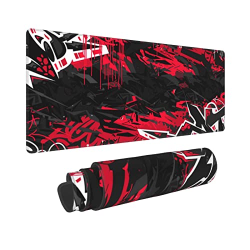 Graffiti Hip Hop Mauspad, 30 x 80 cm, groß, verlängert, rutschfeste Gummiunterseite, mit genähten Kanten, Schwarz / Rot von YANGZHI