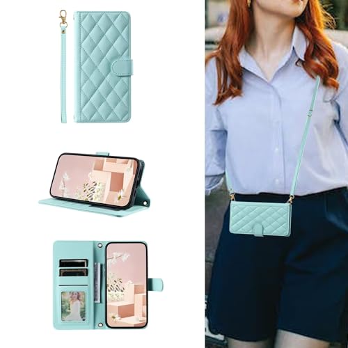 ESONG handykette Schutzhülle für Samsung Galaxy A54 5G Leder Brieftasche, Stoßfest klapphandyhülle mit Kordel Band, Kartenfach, Ständ, Magnetic Wallet hulle Frauen Flip Case Cover Mint von YANJIEER