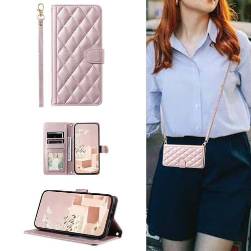 ESONG handykette Schutzhülle für Samsung Galaxy S24 Ultra Leder Brieftasche, Stoßfest klapphandyhülle mit Kordel Band, Kartenfach, Ständ, Magnetic Wallet hulle Frauen Flip Case Cover Rose von YANJIEER