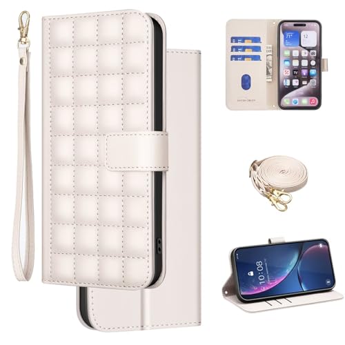 ESONG handykette Schutzhülle für iPhone 12/iPhone 12 Pro,Leder Brieftasche klapphandyhülle mit Kordel Band,Kartenfach,Ständ,Magnetic Wallet Frauen Flip Case Stoßfest Cover Weiß von YANJIEER