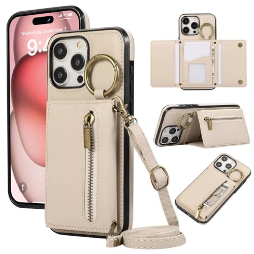 ESONG handykette Wallet Schutzhülle für iPhone 16 Pro, Geldbörse Leder Stoßfest Frauen Ring Case Cover mit Kordel Band, Kartenfach, Ständer, Brieftasche klapphandyhülle Beige ESONG handykette Wallet Schutzhülle für iPhone 16 Pro, Geldbörse Leder Stoßfest Frauen Ring Case Cover mit Kordel Band, Kartenfach, Ständer, Brieftasche klapphandyhülle Beige von YANJIEER