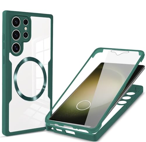 YANJIEER ESONG Clear Schutzhülle für Samsung Galaxy S23 Ultra mit MagSafe,Magnetisch Handyhülle mit Displayschutzfolie,Kamera Schutzfolie,360 Rundumschutz Stoßfest Outdoor Case Transparent Cover Grün von YANJIEER