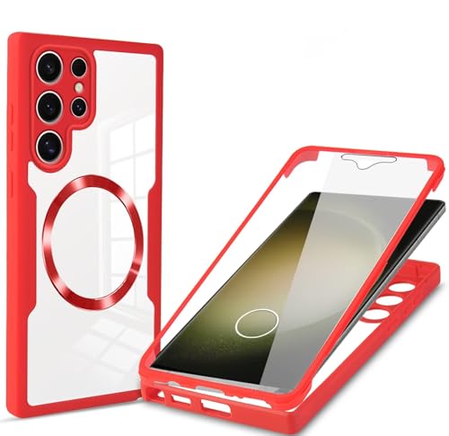 YANJIEER ESONG Clear Schutzhülle für Samsung Galaxy S23 Ultra mit MagSafe,Magnetisch Handyhülle mit Displayschutzfolie,Kamera Schutzfolie,360 Rundumschutz Stoßfest Outdoor Case Transparent Cover Rot YANJIEER ESONG Clear Schutzhülle für Samsung Galaxy S23 Ultra mit MagSafe,Magnetisch Handyhülle mit Displayschutzfolie,Kamera Schutzfolie,360 Rundumschutz Stoßfest Outdoor Case Transparent Cover Rot von YANJIEER