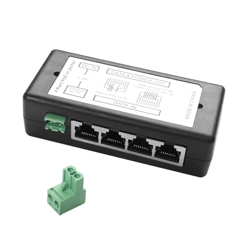 YAODHAOD POE Injector 100 Megabyte, Power Over Ethernet über Netzteil 12V 24V 48V, Entfernung bis zu 100m, Wandstecker Power über Ethernet für POE Gerät (4 Ports 100Mbps，9-48V) von YAODHAOD