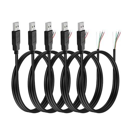 YAODHAOD USB A auf blankes Kabel 5 Stück, 1M 22AWG 5V 3A, für Strom- und Datenübertragung, Pigtail, Reparaturdose am Schwanz,Kabel,DIY (Datenkabel 24AWG, USB A Stecker) von YAODHAOD