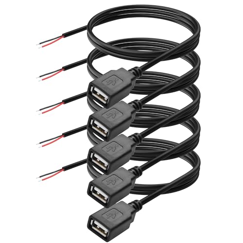 YAODHAOD USB A auf blankes Kabel 5 Stück, 1M 22AWG 5V 3A, für Strom- und Datenübertragung, Pigtail, Reparaturdose am Schwanz,Kabel,DIY (Netzkabel 22AWG, USB A Buchse) von YAODHAOD