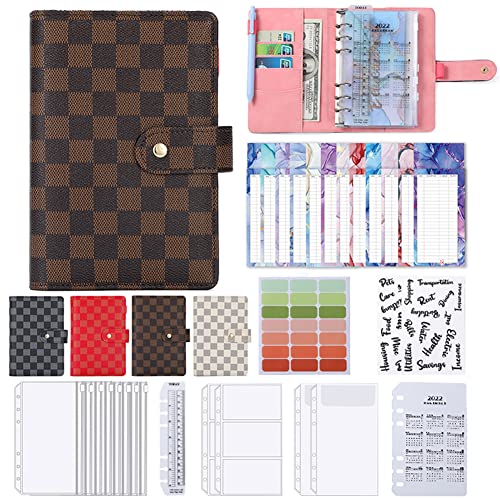 Budget Binder A6 Binder Notizbuch,Budget Planner 6 Löcher PU Leder A6 Ringbuch Notizbuch Ordner mit Klar Plastik Geldumschläge,Budgetblätter,Aufklebern,Kalenderkarte,Herrscher für Geld Sparen Farbe J von YAOTT