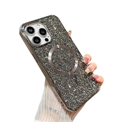 YAOZOCASE Schutzhülle für iPhone, luxuriös, galvanisierter Rahmen, Glitzer, funkelnde Strasssteine, kompatibel mit MagSafe, weiche, stoßfeste Handyhülle (Grau, iPhone 16 Pro) von YAOZOCASE
