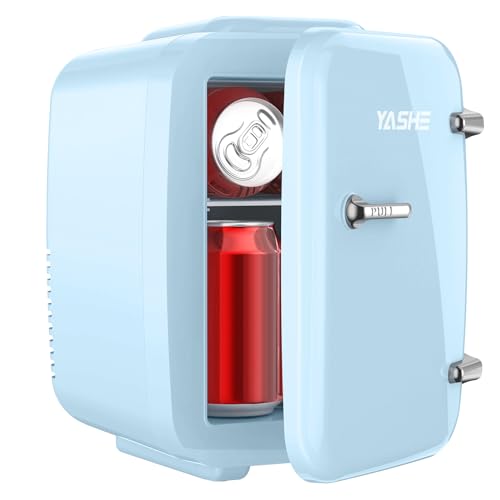 YASHE Mini Kühlschrank, 4 Liter Mini-Kühlschränke für Kosmetik, Getränke, 220V AC/ 12V DC Thermoelektrische Kühlung und Erwärmung, Kleiner Kühlschrank für Schlafzimmer, Büro, Wohnheim, Auto (Blau) von YASHE