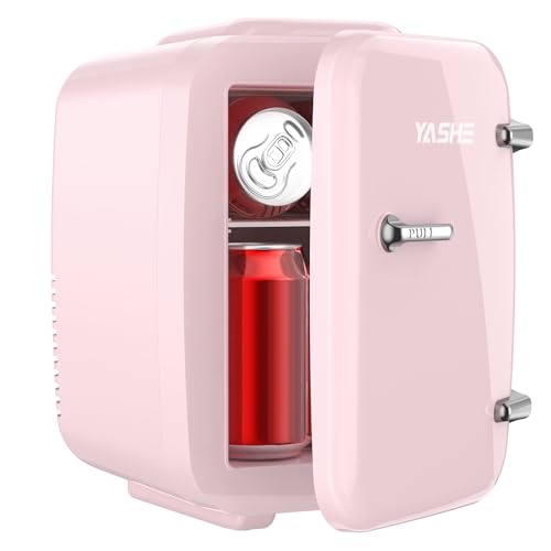 YASHE Mini Kühlschrank, 4 Liter Mini-Kühlschränke für Kosmetik, Getränke, 220V AC/ 12V DC Thermoelektrische Kühlung und Erwärmung, Kleiner Kühlschrank für Schlafzimmer, Büro, Wohnheim, Auto (Rosa) von YASHE