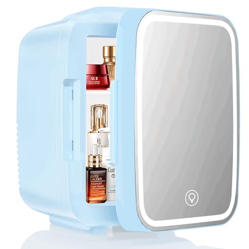 YASHE Mini Kühlschrank, Skincare-Kühlschrank mit LED-Lichtspiegel, 4-Liter-Kleinkühlschrank tragbar, 220V AC / 12V DC Thermoelektrische Heizung und Kühlung für Auto, Büro, Wohnheim (Blau) von YASHE