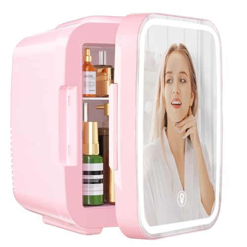YASHE Mini-Kühlschrank für Schlafzimmer, Skincare mit LED-Spiegel, kleiner Kühlschrank, 4 l, tragbar, Thermoelektrisch, Heizung & Kühler, 220 V AC/12 V DC, für Auto, Büro, Schlafsaal (Rosa) von YASHE