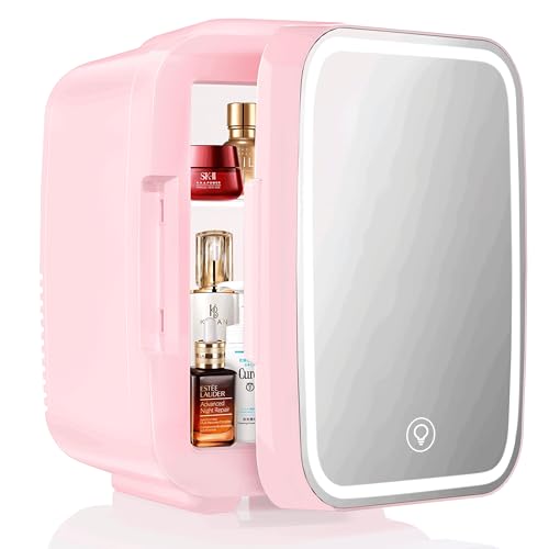 YASHE Mini-Kühlschrank für Schlafzimmer, Skincare mit LED-Spiegel, kleiner Kühlschrank, 4 l, tragbar, Thermoelektrisch, Heizung & Kühler, 220 V AC/12 V DC, für Auto, Büro, Schlafsaal (Rosa) von YASHE