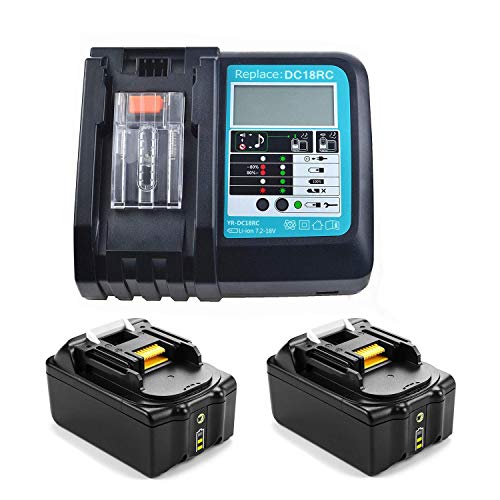 2 Stück 18V 5.0Ah Akku mit Ladegerät 3A DC18RC Ersatz für Makita BL1850 BL1830 BL1840 BL1860 18 Volt LXT LXT400 Werkzeugakku DC18RA mit LED von YASI MFG