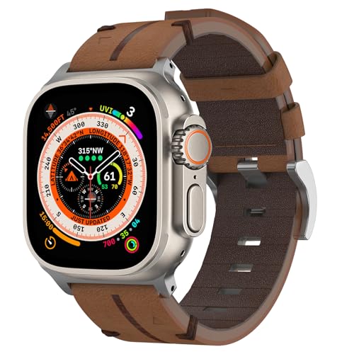 YASPARK Lederarmband Kompatibel mit Apple Watch Armband 49mm, Echtes Lederband Ersatzarmband für Apple Watch Ultra/Ultra 2, iWatch Series SE 9 8 7 6 5 4 3 2 1, Braun von YASPARK