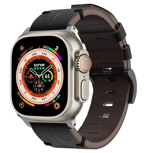 YASPARK Lederarmband Kompatibel mit Apple Watch Armband 49mm, Echtes Lederband Ersatzarmband für Apple Watch Ultra/Ultra 2, iWatch Series SE 9 8 7 6 5 4 3 2 1, Schwarz von YASPARK