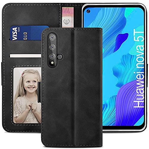 YATWIN Handyhülle Huawei Nova 5T Hülle, Klapphülle Huawei Honor 20 / Nova 5T Premium Leder Brieftasche Schutzhülle [Kartenfach][Magnet][Stand] Handytasche für Huawei Honor 20 / Nova 5T Case, Schwarz von YATWIN