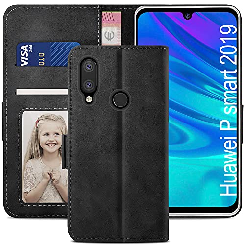 YATWIN Handyhülle Huawei P Smart 2019 Hülle, Klapphülle Huawei P Smart 2019 Premium Leder Brieftasche Schutzhülle [Kartenfach][Magnet][Stand] Handytasche für Huawei P Smart 2019 Case, Schwarz von YATWIN