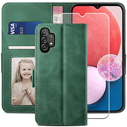 YATWIN Handyhülle Kompatibel mit Samsung Galaxy A13 4G/5G/A04S Hülle +1 Stück Panzerglas Schutzfolie, Klapphülle A13 Premium Leder Brieftasche Schutzhülle [Kartenfach][Stand] Handytasche Case, Grün von YATWIN