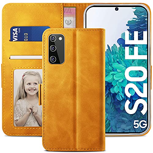 YATWIN Handyhülle Kompatibel mit Samsung Galaxy S20 FE Hülle, Klapphülle Samsung S20 FE Premium Leder Brieftasche Schutzhülle [Kartenfach] [Magnet] [Stand] Handytasche Case, Gelb Braun von YATWIN