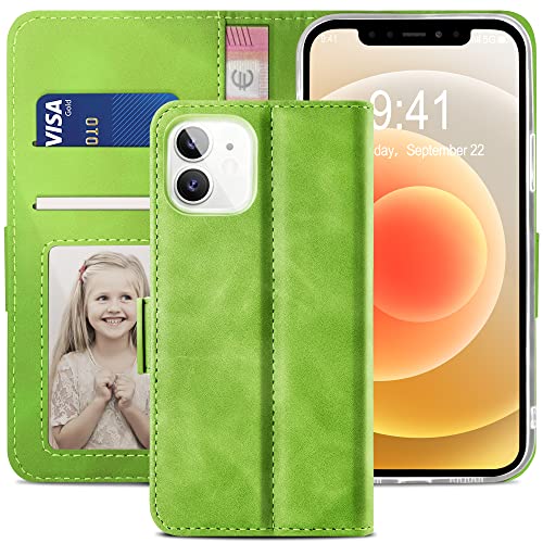 YATWIN Handyhülle Kompatibel mit iPhone 12 Mini Hülle +1 Stück Panzerglas Schutzfolie, Klapphülle Premium Leder Brieftasche Schutzhülle [Kartenfach][Magnet][Stand] Handytasche für 12 Mini, Grün von YATWIN