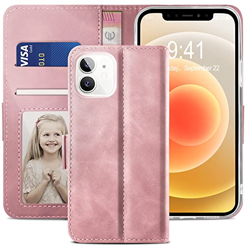 YATWIN Handyhülle Kompatibel mit iPhone 12 Mini Hülle +1 Stück Panzerglas Schutzfolie, Klapphülle Premium Leder Brieftasche Schutzhülle [Kartenfach][Magnet][Stand] Handytasche für 12 Mini, Rosa von YATWIN