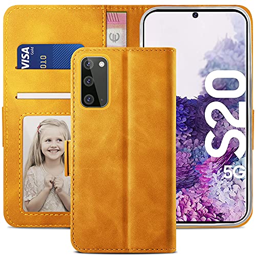 YATWIN Handyhülle Samsung Galaxy S20 Hülle, Klapphülle Samsung Galaxy S20 Premium Leder Brieftasche Schutzhülle [Kartenfach] [Magnet] [Stand] Handytasche Case für Samsung Galaxy S20, Gelb Braun von YATWIN