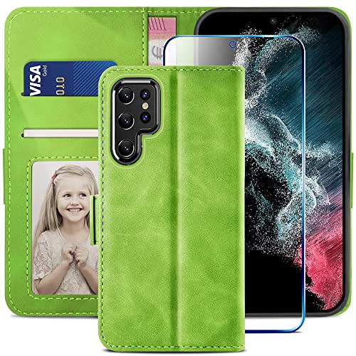 YATWIN Handyhülle für Samsung Galaxy S22 Ultra 5G Hülle, Klapphülle Samsung Galaxy S22 Ultra Premium Leder Brieftasche Schutzhülle [Kartenfach][Magnet][Stand] Handytasche für Samsung S22U Case, Grün von YATWIN