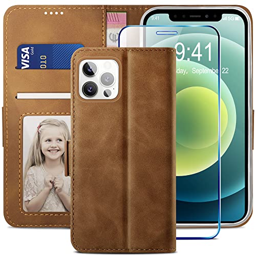 YATWIN Kompatibel mit iPhone 12 Hülle und iPhone 12 Pro Handyhülle +1 Stück Panzerglas Schutzfolie, Klapphülle Premium Leder Brieftasche Schutzhülle Handytasche für iPhone 12/12 Pro Case, Dunkelbraun von YATWIN
