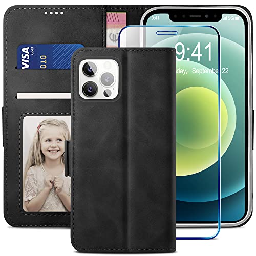 YATWIN Kompatibel mit iPhone 12 Hülle und iPhone 12 Pro Handyhülle +1 Stück Panzerglas Schutzfolie, Klapphülle Premium Leder Brieftasche Schutzhülle Handytasche für iPhone 12/12 Pro Case, Schwarz von YATWIN